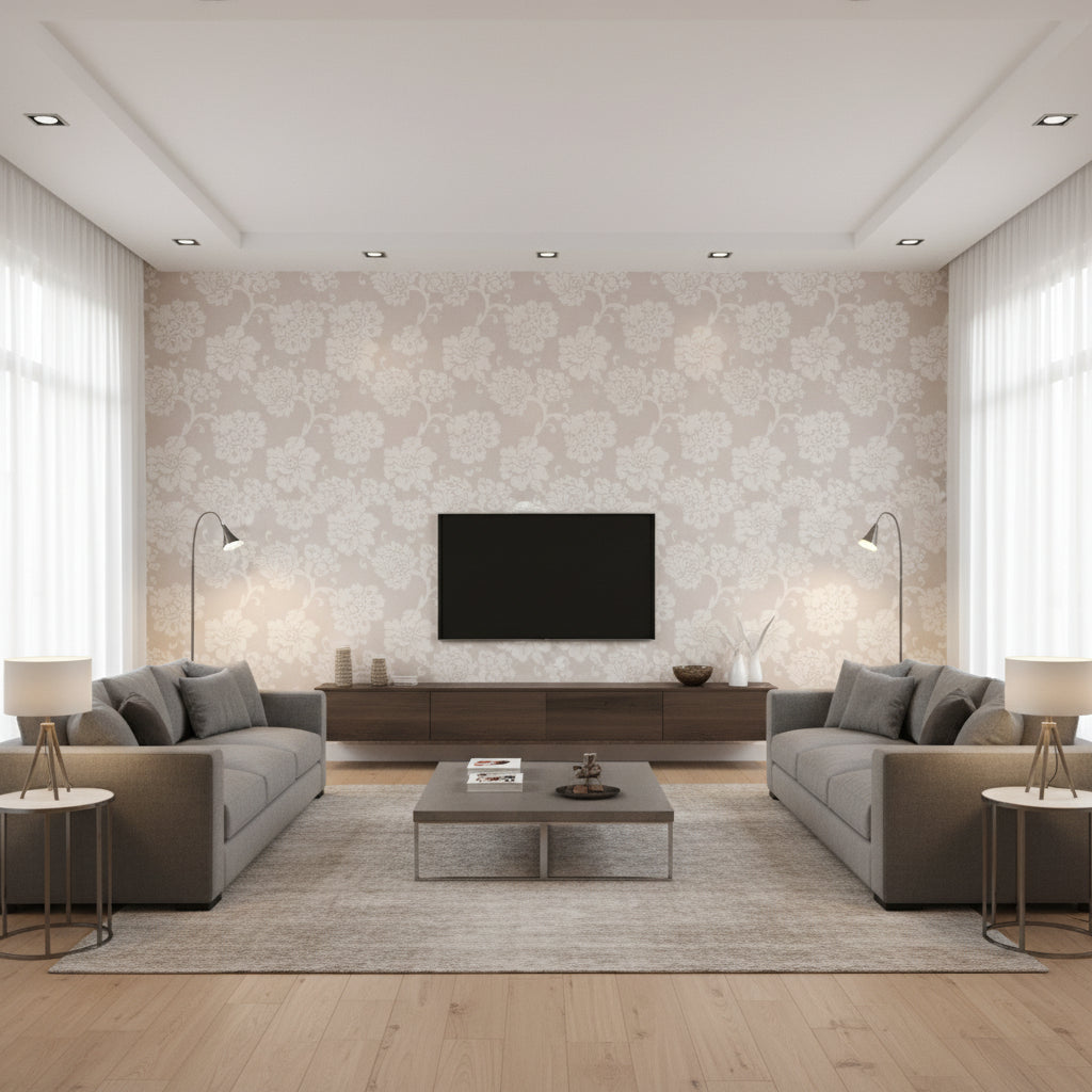 Albero Floreale Damask Grey | Schumacher Wallcovering - Living Room Visualization (AI-generated, may not be to scale. Verify pattern scale with product specifications.)