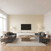 Saraceno Damask Citrine | Schumacher Wallcovering - Living Room Visualization (AI-generated, may not be to scale. Verify pattern scale with product specifications.)