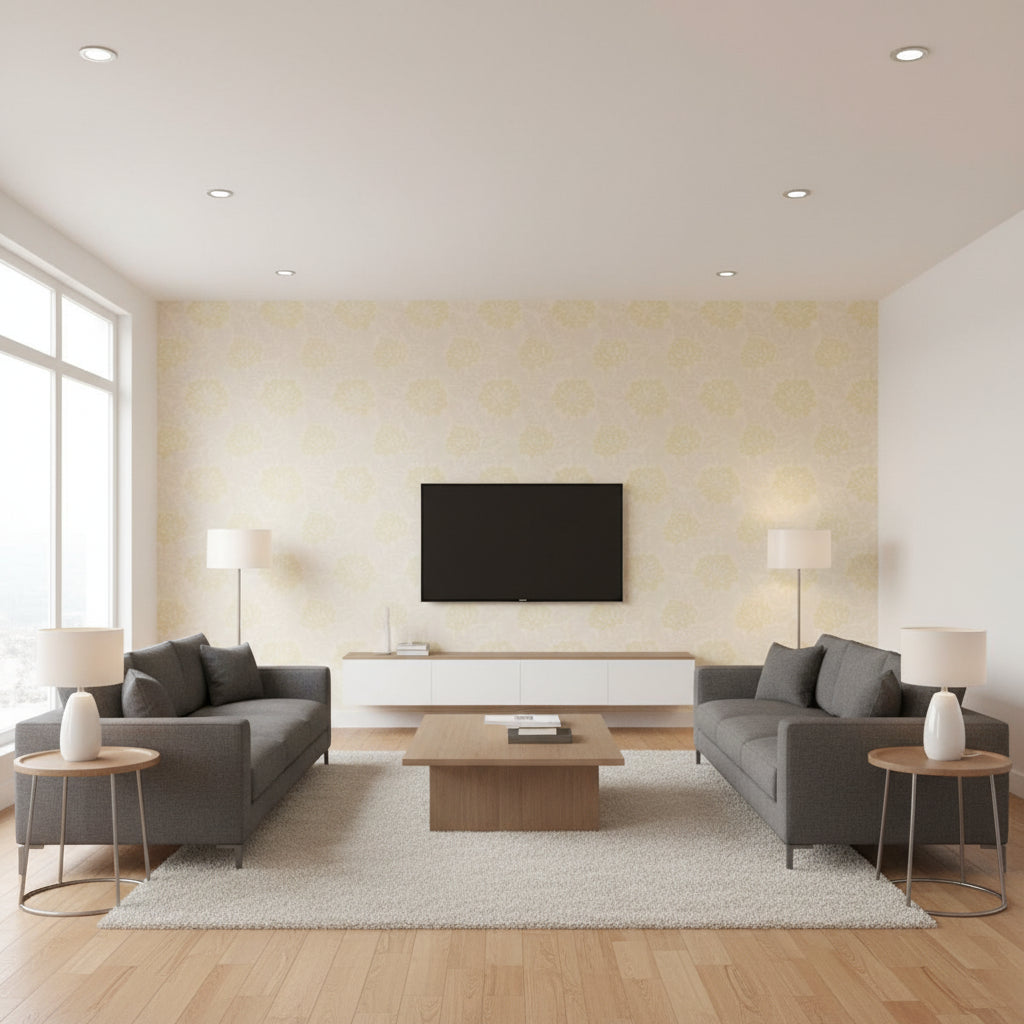 Saraceno Damask Citrine | Schumacher Wallcovering - Living Room Visualization (AI-generated, may not be to scale. Verify pattern scale with product specifications.)