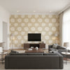 Saraceno Damask Topaz | Schumacher Wallcovering - Living Room Visualization (AI-generated, may not be to scale. Verify pattern scale with product specifications.)