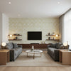 Pellaro Aqua | Schumacher Wallcovering - Living Room Visualization (AI-generated, may not be to scale. Verify pattern scale with product specifications.)