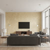 Valette Strie Damask Champagne | Schumacher Wallcovering - Living Room Visualization (AI-generated, may not be to scale. Verify pattern scale with product specifications.)