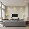 Valette Strie Damask Robin's Egg | Schumacher Wallcovering - Living Room Visualization (AI-generated, may not be to scale. Verify pattern scale with product specifications.)