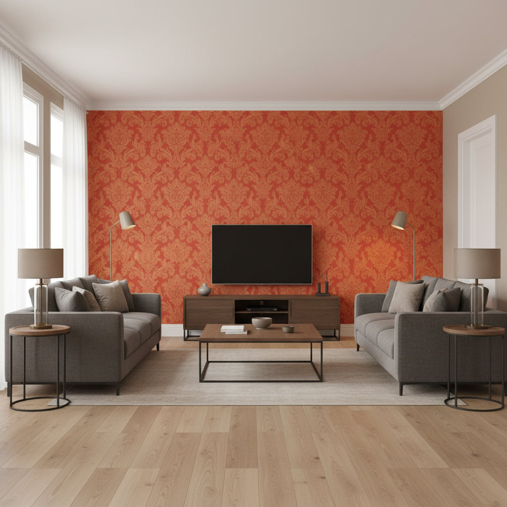 Valette Strie Damask Garnet | Schumacher Wallcovering - Living Room Visualization (AI-generated, may not be to scale. Verify pattern scale with product specifications.)