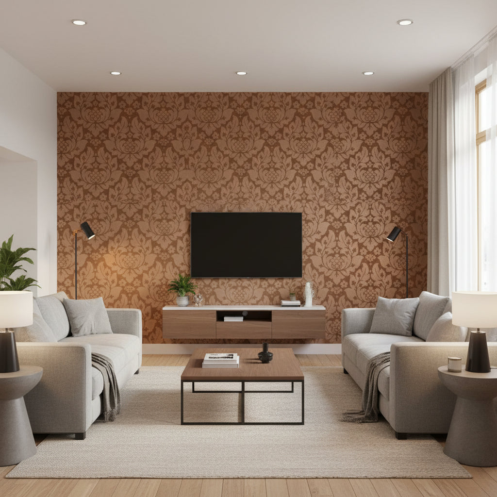 Fiore Damask Mocha | Schumacher Wallcovering - Living Room Visualization (AI-generated, may not be to scale. Verify pattern scale with product specifications.)