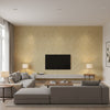 Masaccio Damask Bisque | Schumacher Wallcovering - Living Room Visualization (AI-generated, may not be to scale. Verify pattern scale with product specifications.)