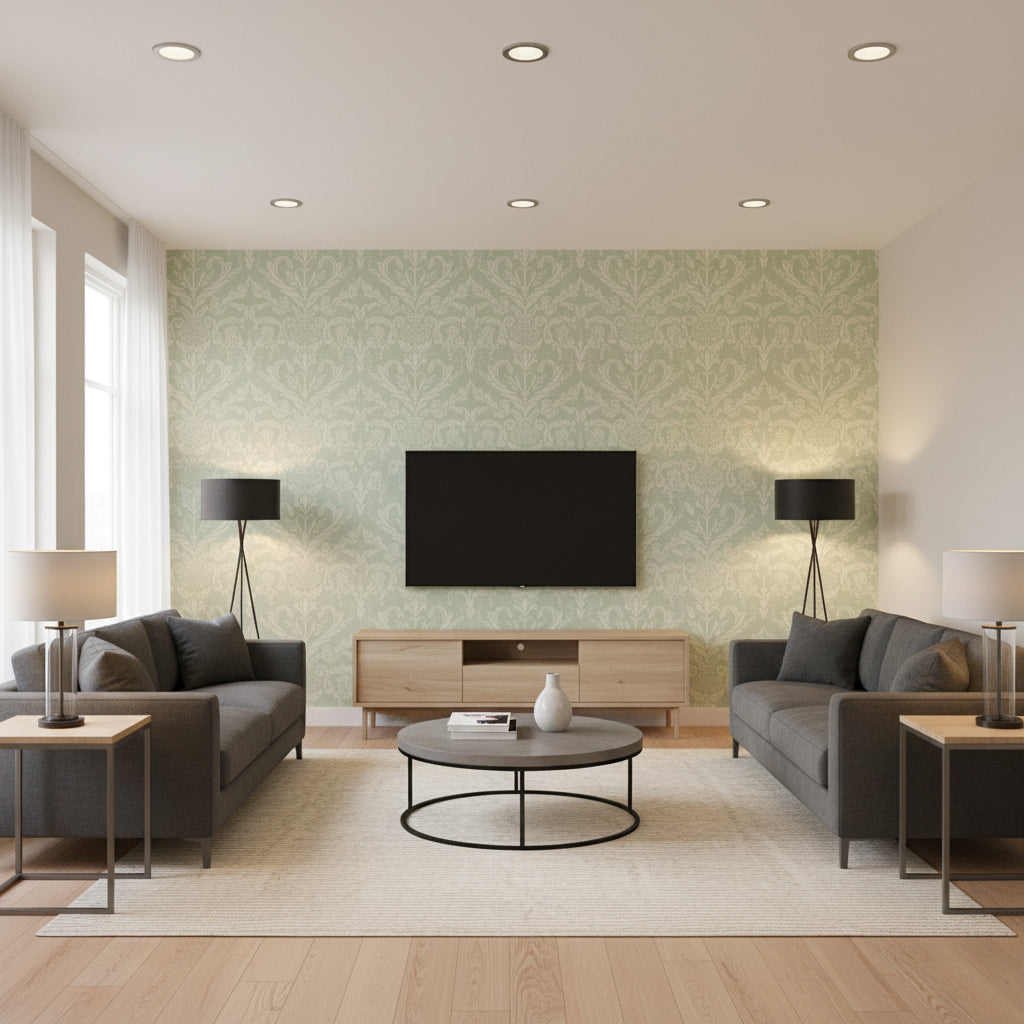 Masaccio Damask Aqua | Schumacher Wallcovering - Living Room Visualization (AI-generated, may not be to scale. Verify pattern scale with product specifications.)