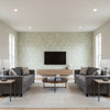 Uccello Aqua | Schumacher Wallcovering - Living Room Visualization (AI-generated, may not be to scale. Verify pattern scale with product specifications.)