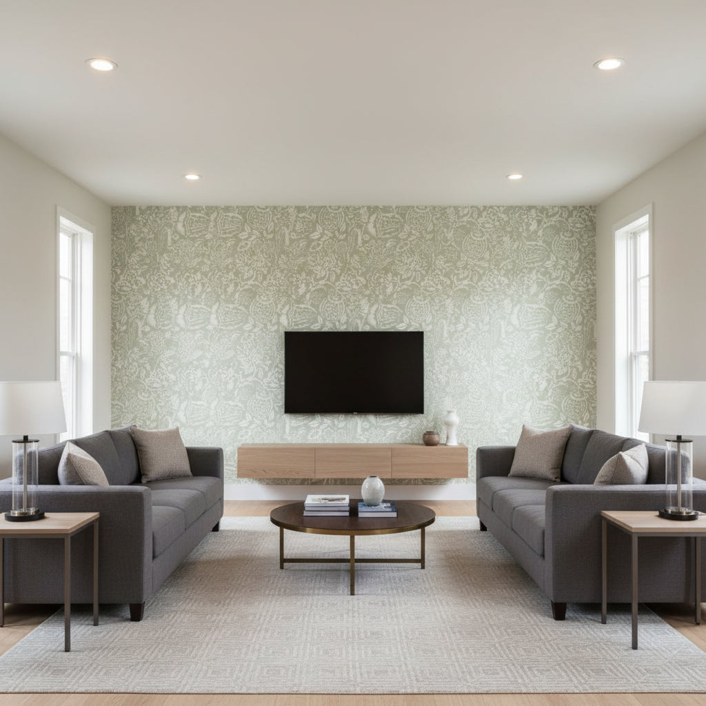 Uccello Aqua | Schumacher Wallcovering - Living Room Visualization (AI-generated, may not be to scale. Verify pattern scale with product specifications.)