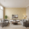 Montebello Damask Ecru | Schumacher Wallcovering - Living Room Visualization (AI-generated, may not be to scale. Verify pattern scale with product specifications.)