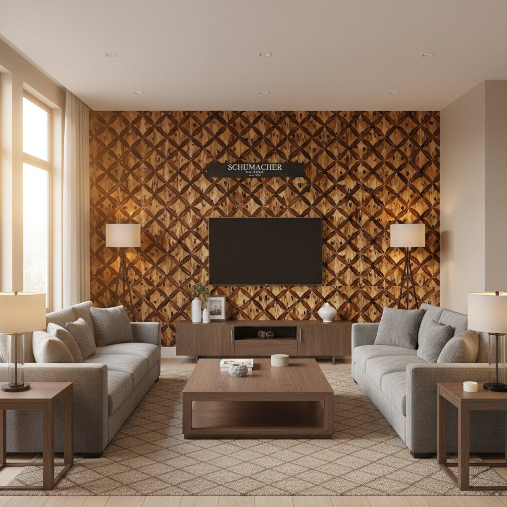 Wellesley Tiger's Eye | Schumacher Wallcovering - Living Room Visualization (AI-generated, may not be to scale. Verify pattern scale with product specifications.)