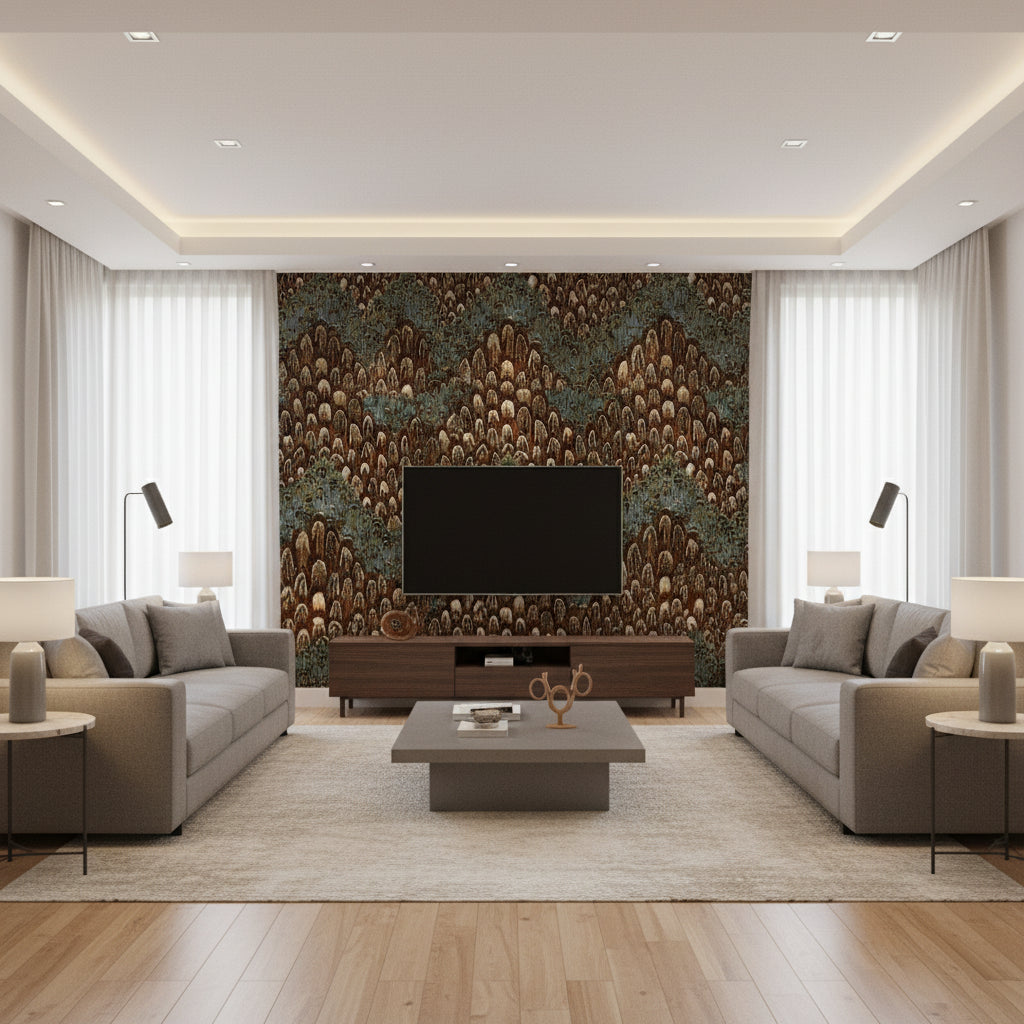 Chesapeake Topaz | Schumacher Wallcovering - Living Room Visualization (AI-generated, may not be to scale. Verify pattern scale with product specifications.)