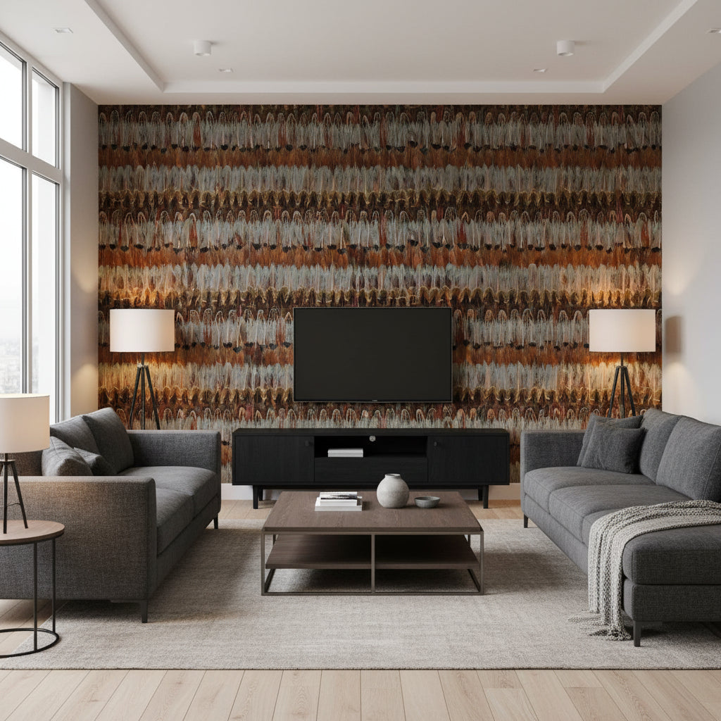 Wildwood Jewel | Schumacher Wallcovering - Living Room Visualization (AI-generated, may not be to scale. Verify pattern scale with product specifications.)
