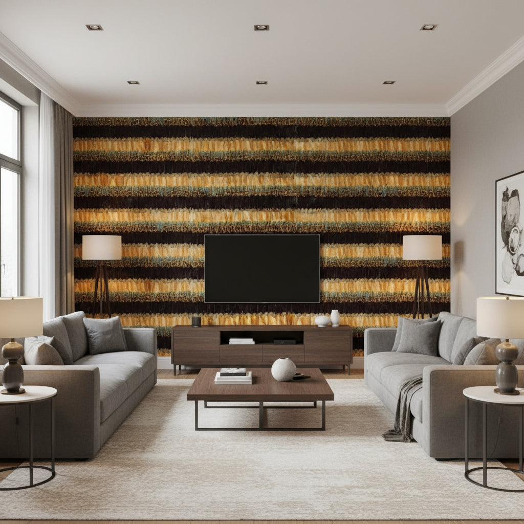 Fair Haven Sapphire | Schumacher Wallcovering - Living Room Visualization (AI-generated, may not be to scale. Verify pattern scale with product specifications.)