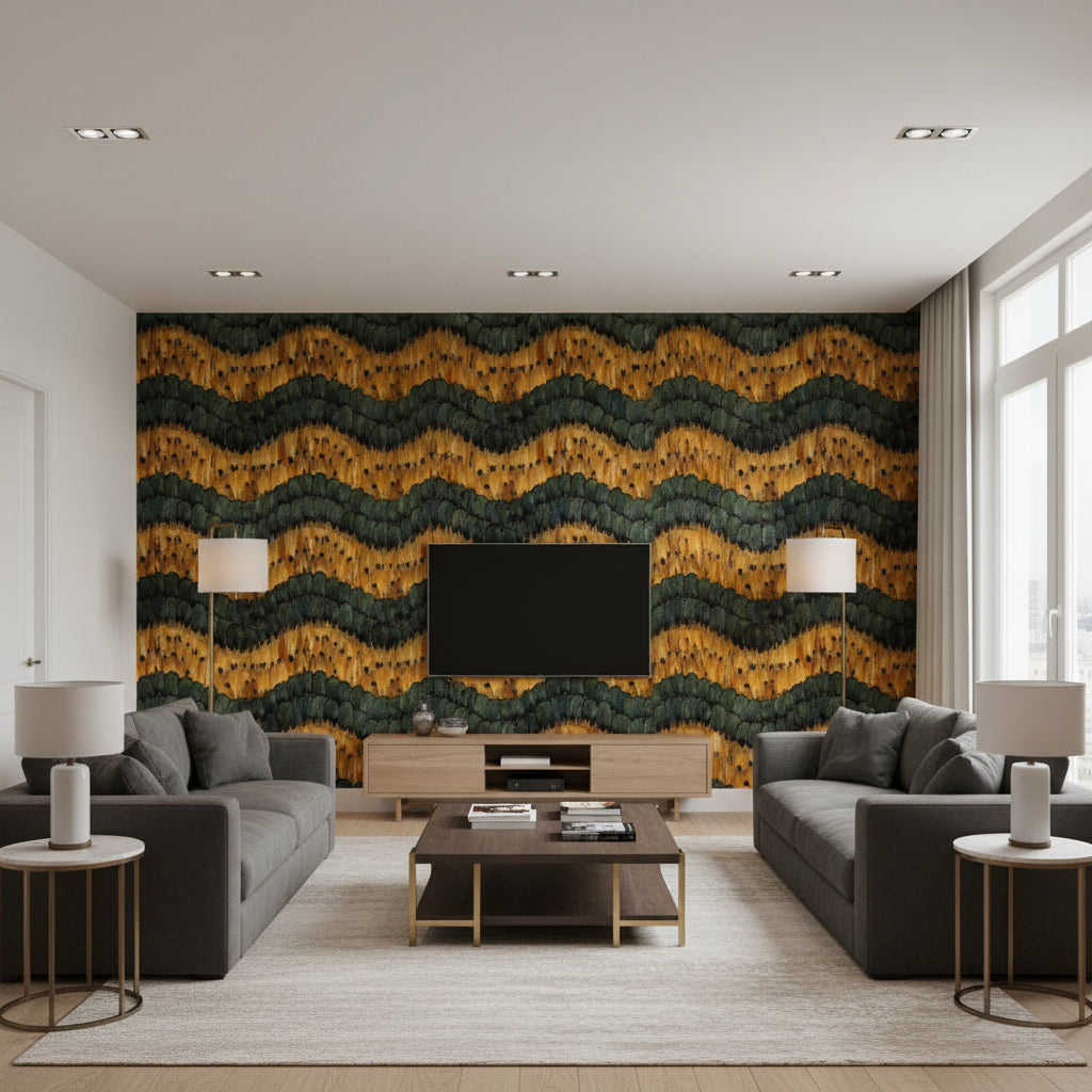 Golden Hill Citrine | Schumacher Wallcovering - Living Room Visualization (AI-generated, may not be to scale. Verify pattern scale with product specifications.)