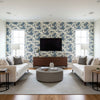 Coconut Grove Lapis | Schumacher Wallcovering - Living Room Visualization (AI-generated, may not be to scale. Verify pattern scale with product specifications.)