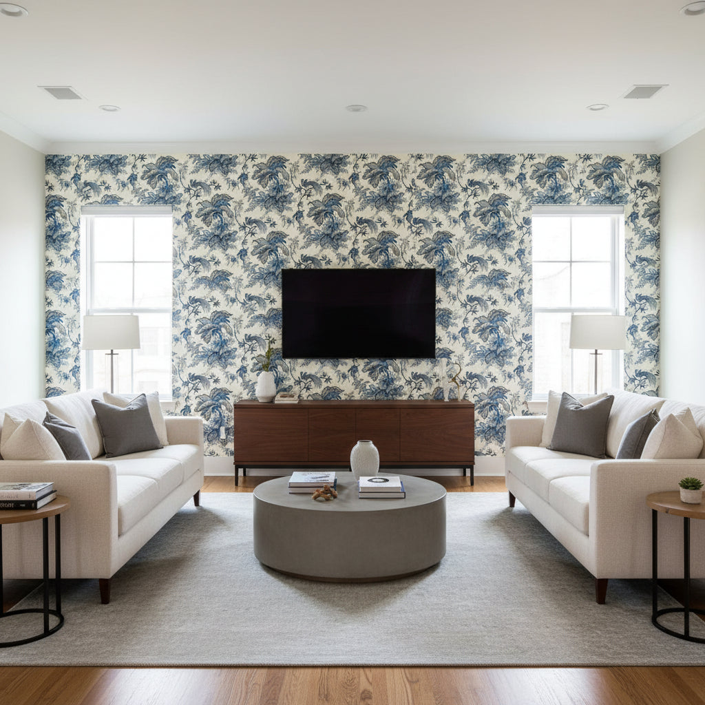 Coconut Grove Lapis | Schumacher Wallcovering - Living Room Visualization (AI-generated, may not be to scale. Verify pattern scale with product specifications.)