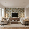 Coconut Grove Aqua & Tan | Schumacher Wallcovering - Living Room Visualization (AI-generated, may not be to scale. Verify pattern scale with product specifications.)