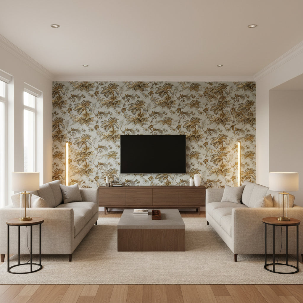 Coconut Grove Aqua & Tan | Schumacher Wallcovering - Living Room Visualization (AI-generated, may not be to scale. Verify pattern scale with product specifications.)