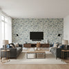 Corsini Paisley Porcelain | Schumacher Wallcovering - Living Room Visualization (AI-generated, may not be to scale. Verify pattern scale with product specifications.)