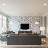 Oiseaux Et Fleurs Porcelain | Schumacher Wallcovering - Living Room Visualization (AI-generated, may not be to scale. Verify pattern scale with product specifications.)