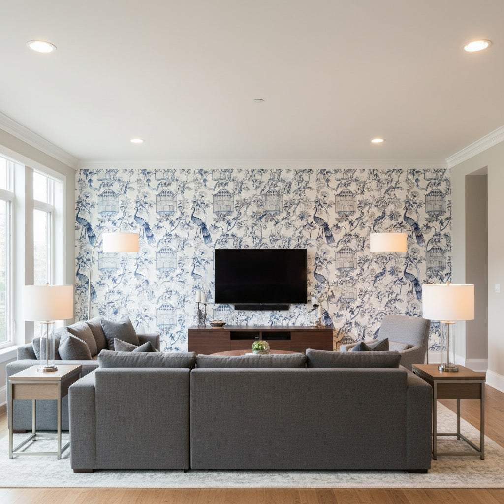 Oiseaux Et Fleurs Porcelain | Schumacher Wallcovering - Living Room Visualization (AI-generated, may not be to scale. Verify pattern scale with product specifications.)