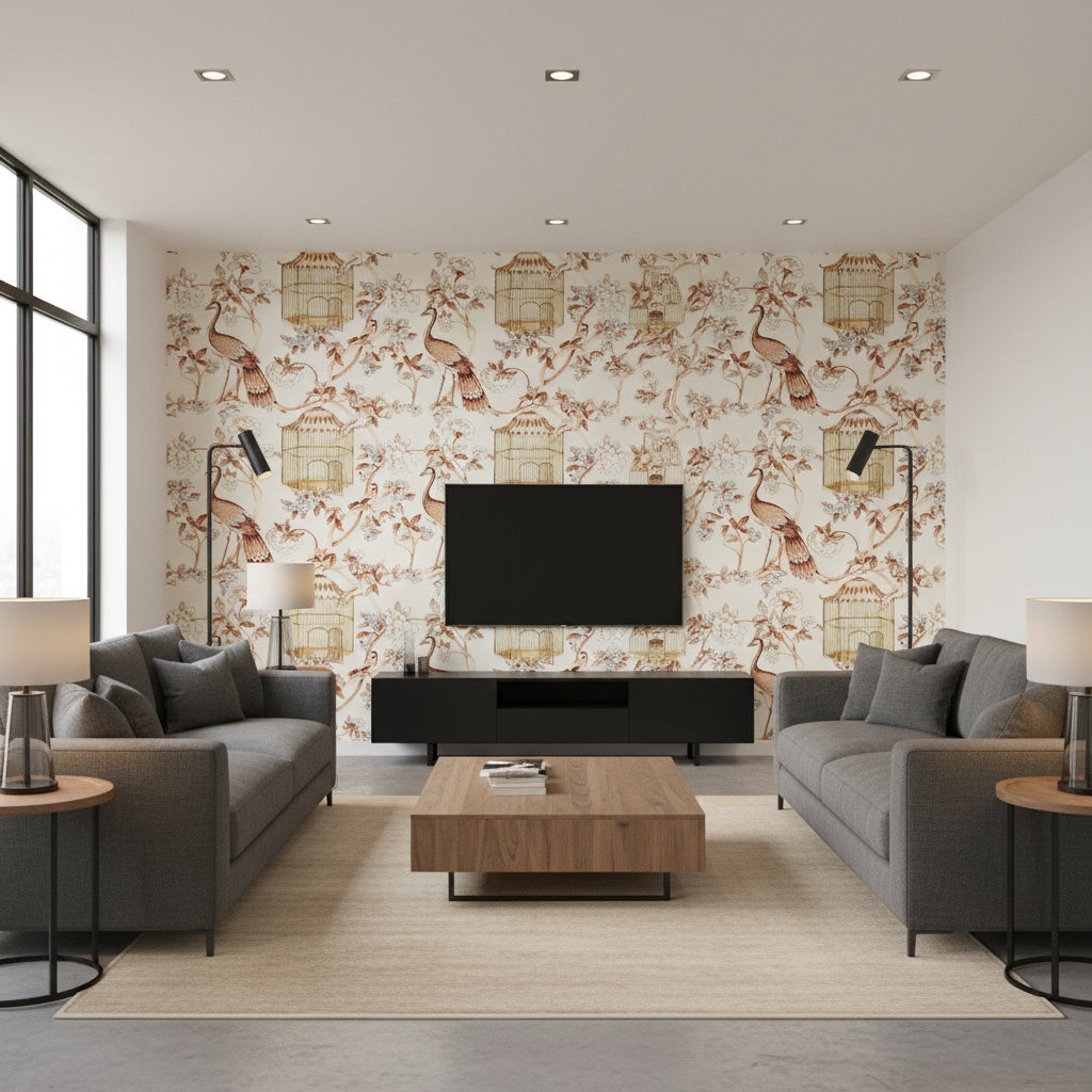Oiseaux Et Fleurs Cinnabar | Schumacher Wallcovering - Living Room Visualization (AI-generated, may not be to scale. Verify pattern scale with product specifications.)