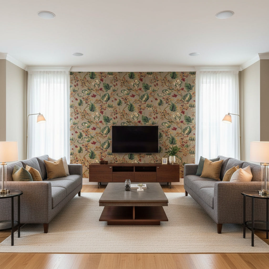 Fox Hollow Multi On Flannel | Schumacher Wallcovering - Living Room Visualization (AI-generated, may not be to scale. Verify pattern scale with product specifications.)