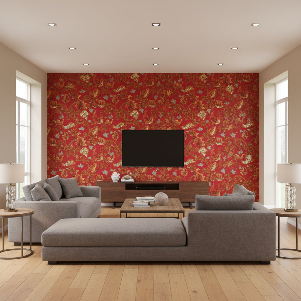 Fox Hollow Tomato And Brass | Schumacher Wallcovering - Living Room Visualization (AI-generated, may not be to scale. Verify pattern scale with product specifications.)