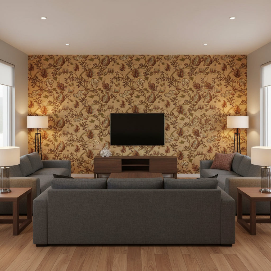Fox Hollow Honey And Smoke | Schumacher Wallcovering - Living Room Visualization (AI-generated, may not be to scale. Verify pattern scale with product specifications.)