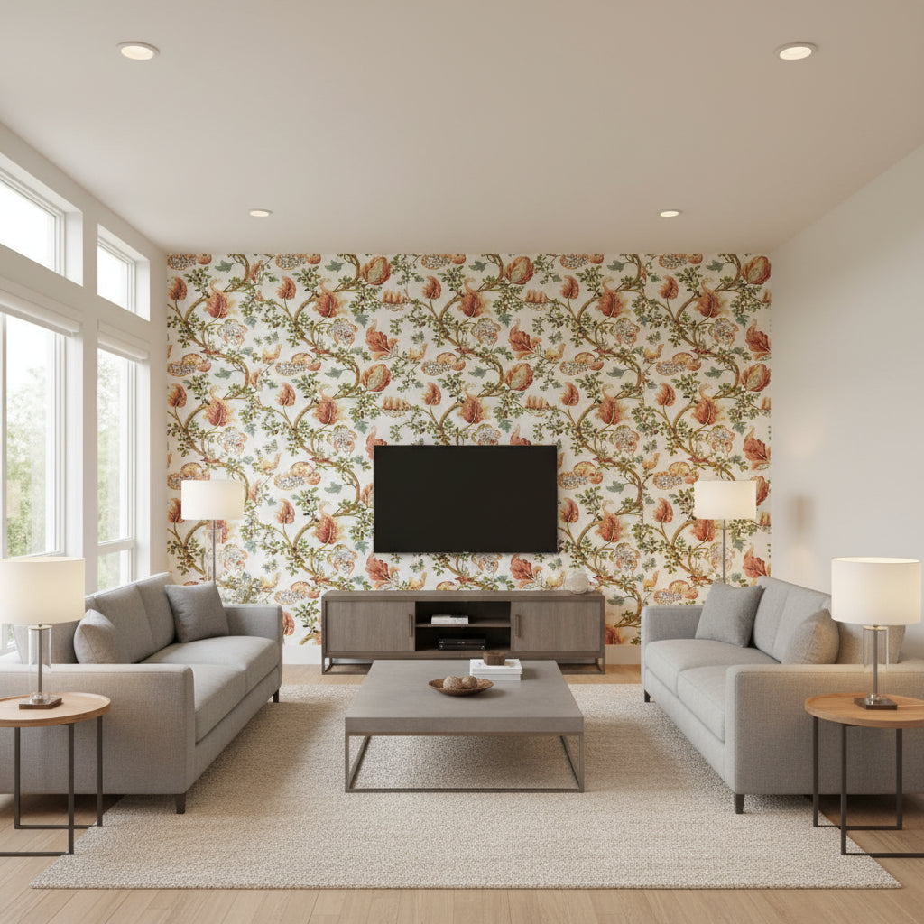 Fox Hollow Ivory | Schumacher Wallcovering - Living Room Visualization (AI-generated, may not be to scale. Verify pattern scale with product specifications.)