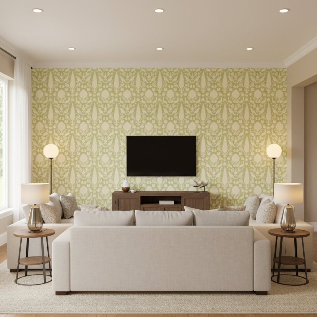 Chenonceau Sage | Schumacher Wallcovering - Living Room Visualization (AI-generated, may not be to scale. Verify pattern scale with product specifications.)