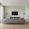 Chenonceau Aquamarine | Schumacher Wallcovering - Living Room Visualization (AI-generated, may not be to scale. Verify pattern scale with product specifications.)