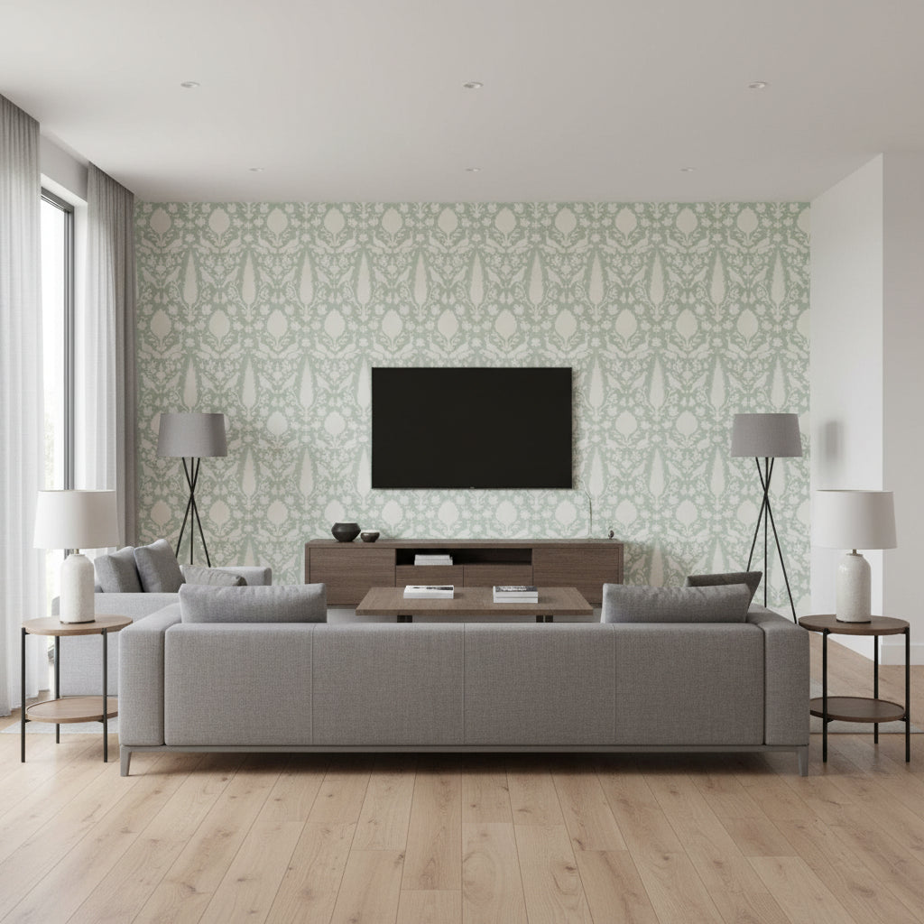 Chenonceau Aquamarine | Schumacher Wallcovering - Living Room Visualization (AI-generated, may not be to scale. Verify pattern scale with product specifications.)