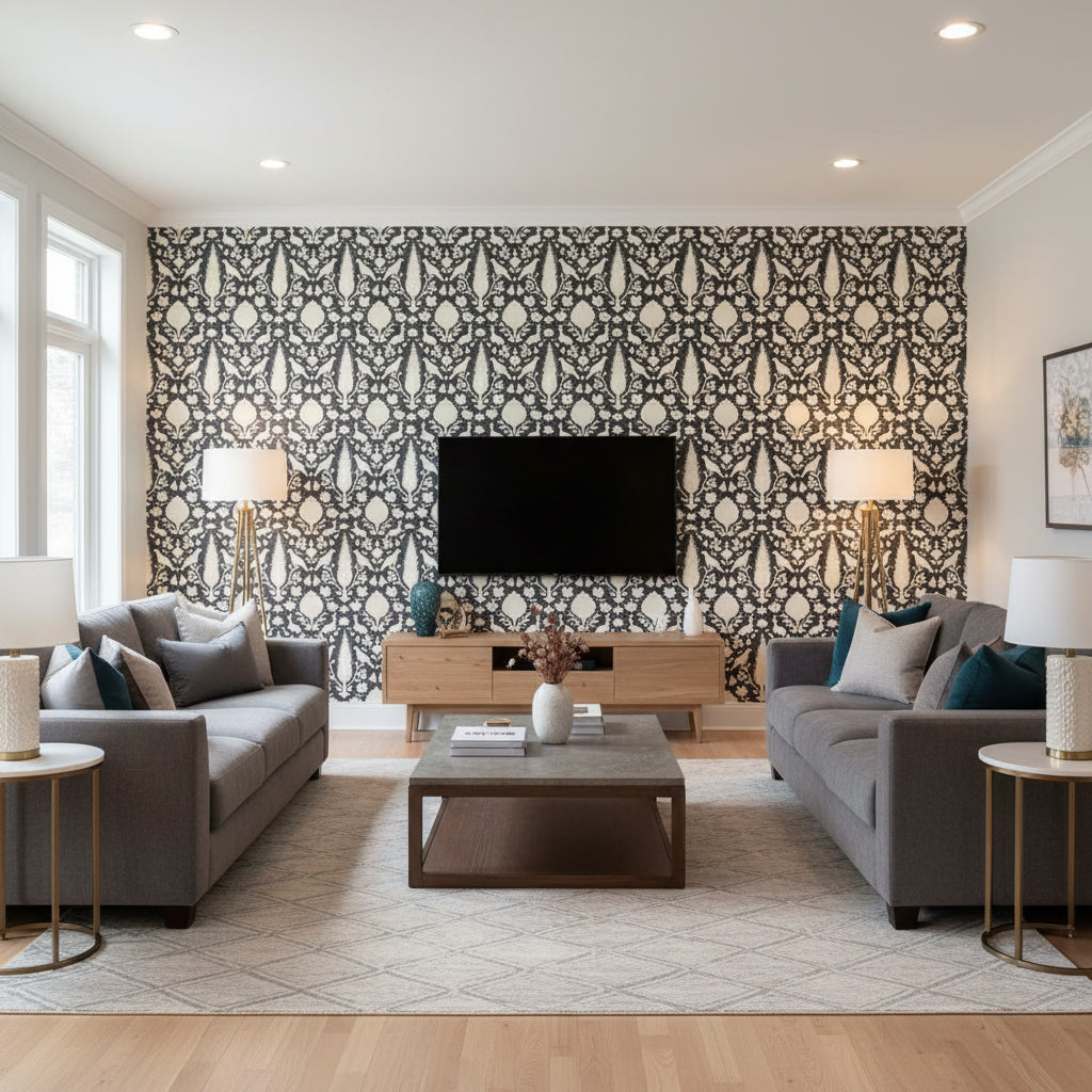 Chenonceau Charcoal | Schumacher Wallcovering - Living Room Visualization (AI-generated, may not be to scale. Verify pattern scale with product specifications.)