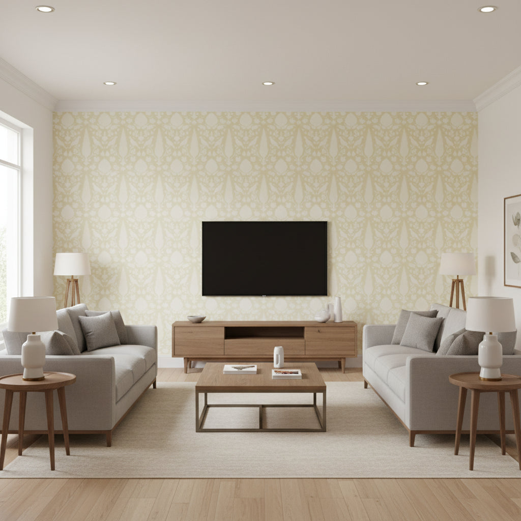 Chenonceau Bisque | Schumacher Wallcovering - Living Room Visualization (AI-generated, may not be to scale. Verify pattern scale with product specifications.)