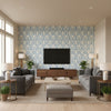 Chenonceau Sky | Schumacher Wallcovering - Living Room Visualization (AI-generated, may not be to scale. Verify pattern scale with product specifications.)