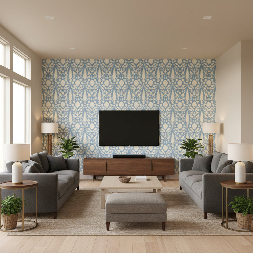 Chenonceau Sky | Schumacher Wallcovering - Living Room Visualization (AI-generated, may not be to scale. Verify pattern scale with product specifications.)
