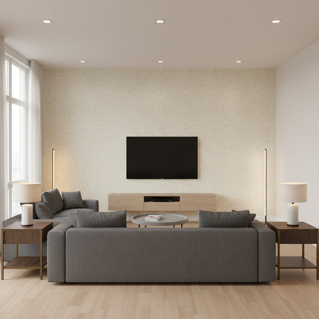 Willow Leaf Sand | Schumacher Wallcovering - Living Room Visualization (AI-generated, may not be to scale. Verify pattern scale with product specifications.)