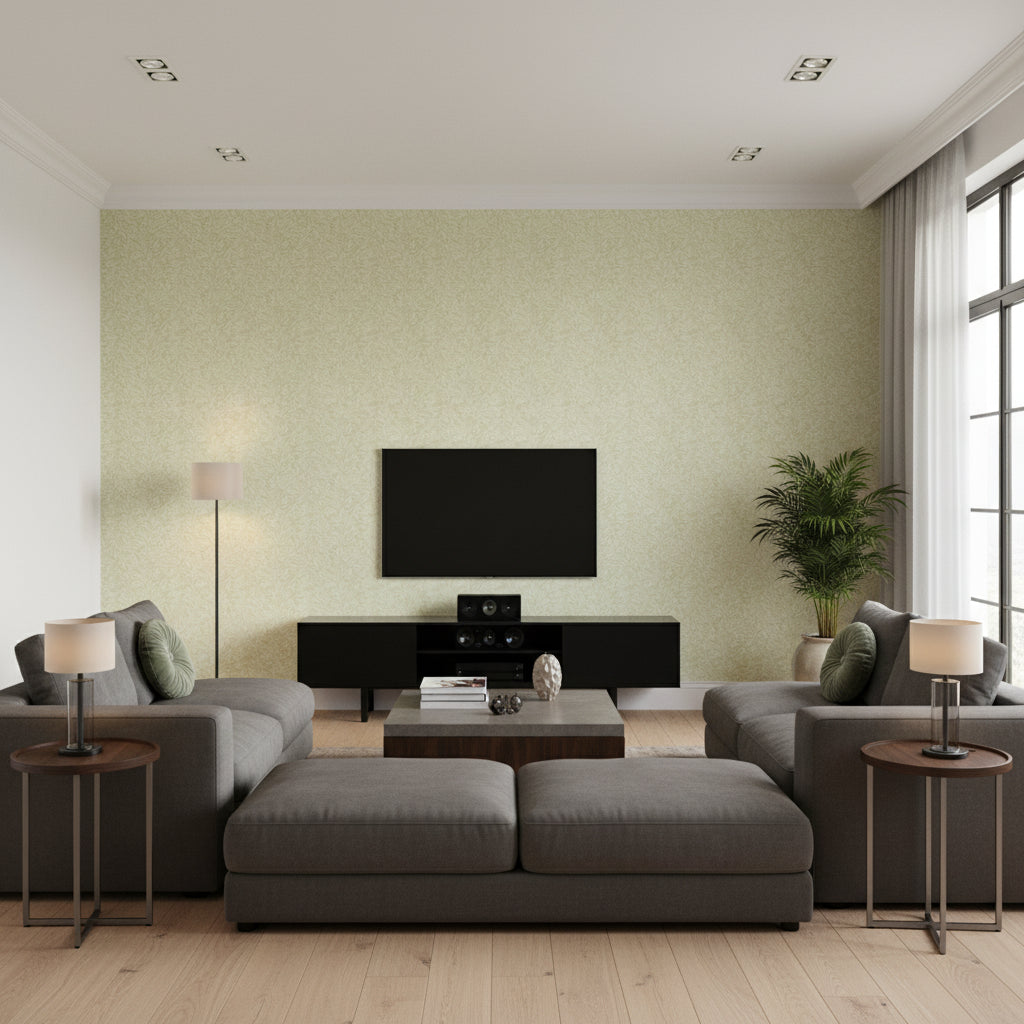 Willow Leaf Sage | Schumacher Wallcovering - Living Room Visualization (AI-generated, may not be to scale. Verify pattern scale with product specifications.)