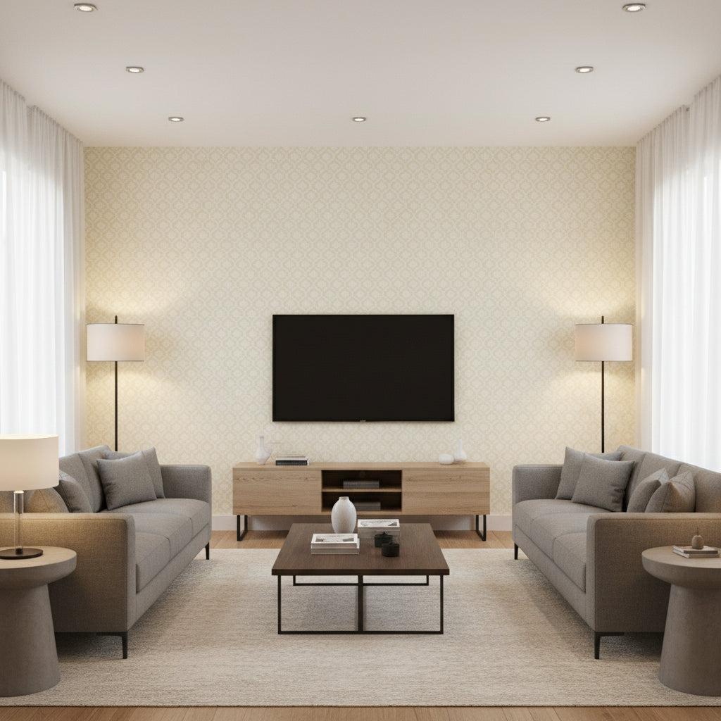 Harbury Trellis Almond | Schumacher Wallcovering - Living Room Visualization (AI-generated, may not be to scale. Verify pattern scale with product specifications.)
