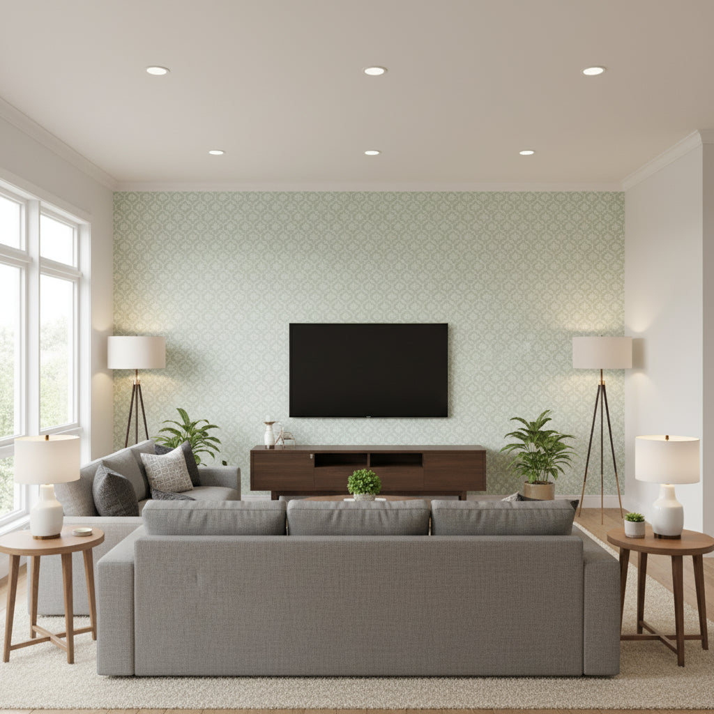 Harbury Trellis Aqua | Schumacher Wallcovering - Living Room Visualization (AI-generated, may not be to scale. Verify pattern scale with product specifications.)
