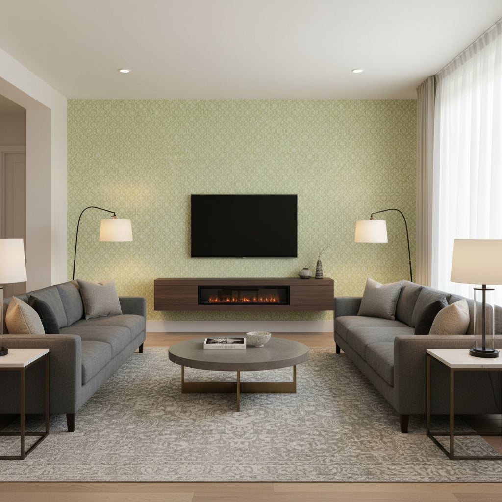 Harbury Trellis Willow | Schumacher Wallcovering - Living Room Visualization (AI-generated, may not be to scale. Verify pattern scale with product specifications.)