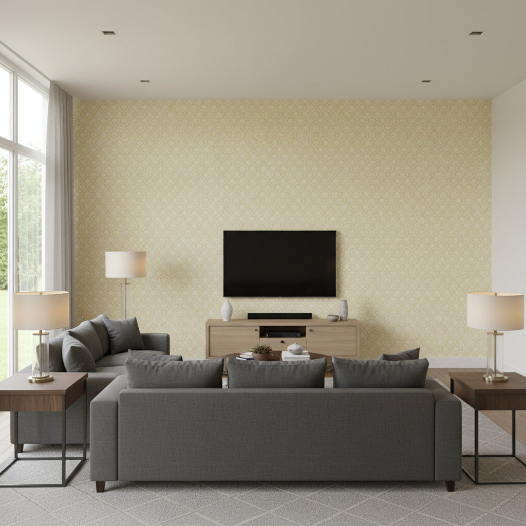Harbury Trellis Buttercup | Schumacher Wallcovering - Living Room Visualization (AI-generated, may not be to scale. Verify pattern scale with product specifications.)