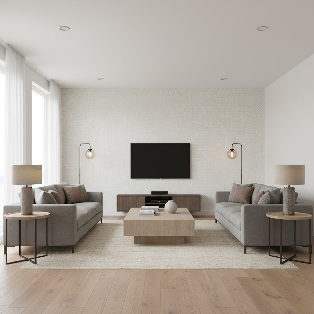 Prescott Diamond Mist | Schumacher Wallcovering - Living Room Visualization (AI-generated, may not be to scale. Verify pattern scale with product specifications.)