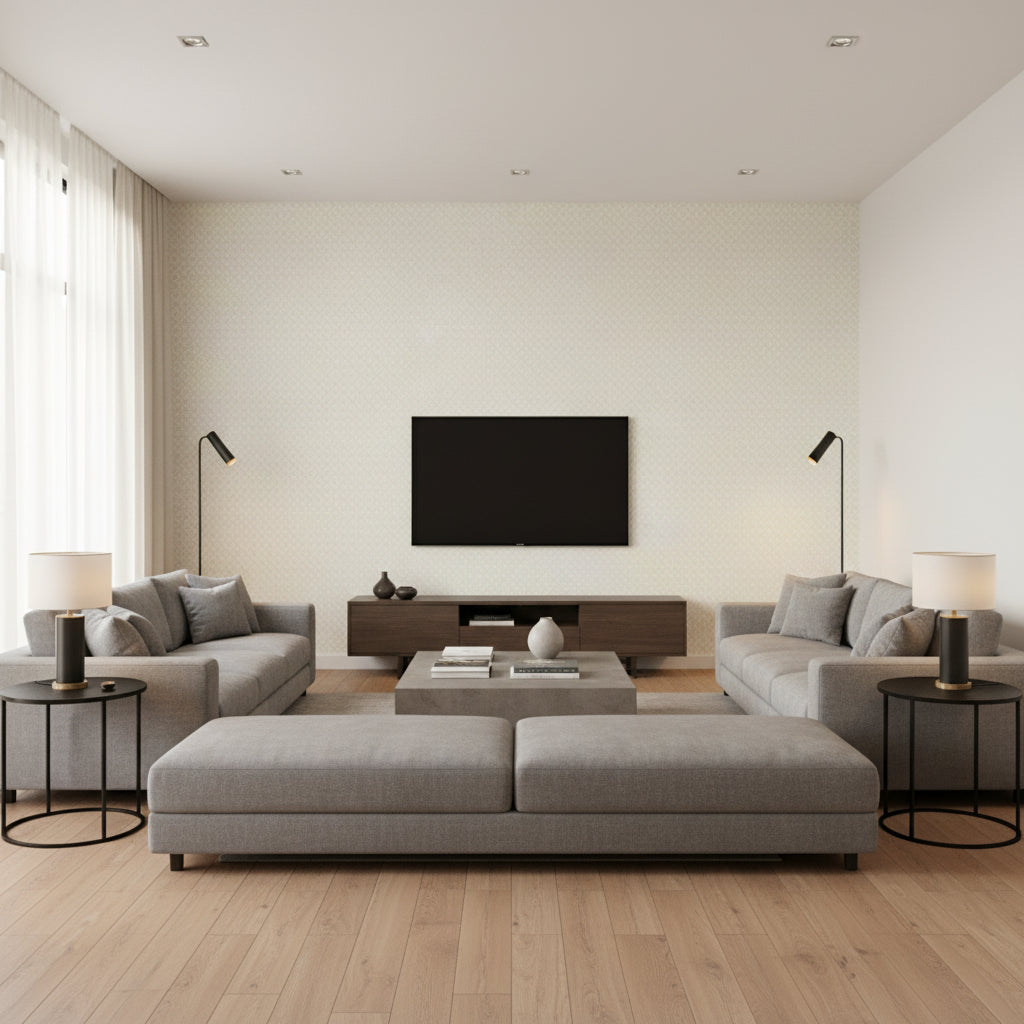 Prescott Diamond Almond | Schumacher Wallcovering - Living Room Visualization (AI-generated, may not be to scale. Verify pattern scale with product specifications.)