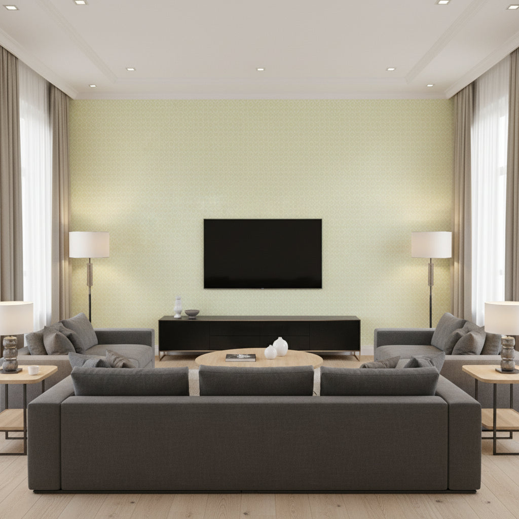 Prescott Diamond Pear | Schumacher Wallcovering - Living Room Visualization (AI-generated, may not be to scale. Verify pattern scale with product specifications.)