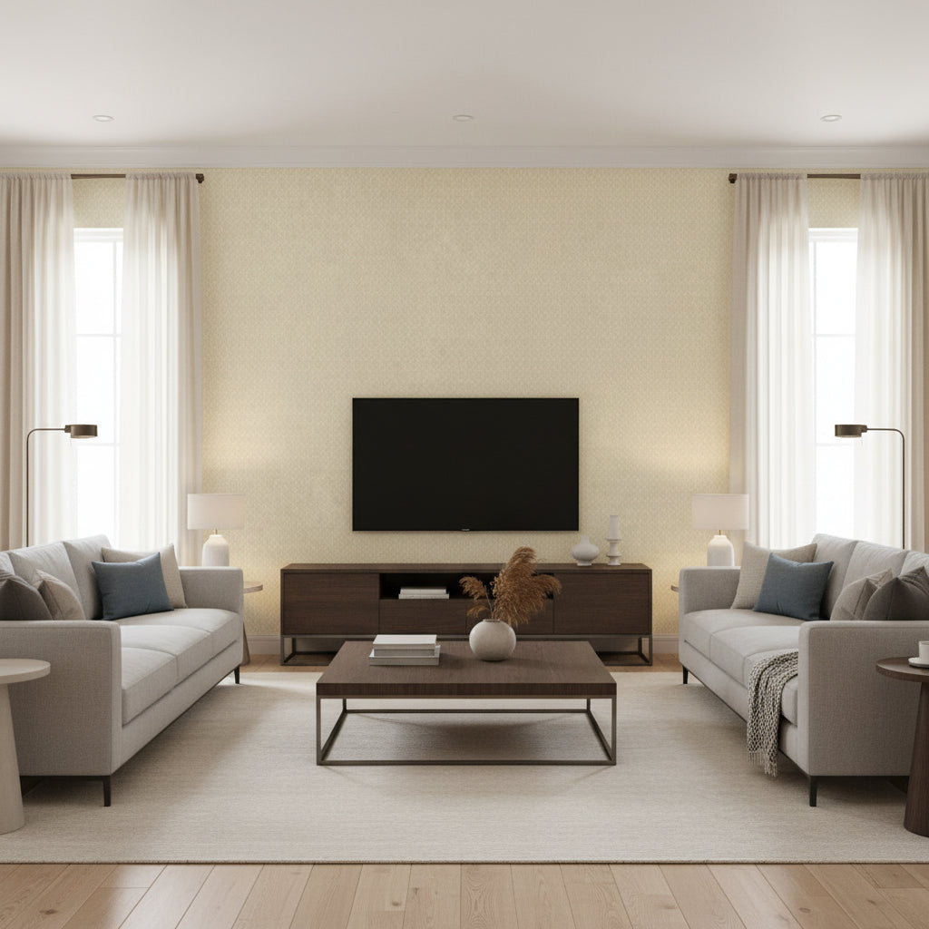 Prescott Diamond Tan | Schumacher Wallcovering - Living Room Visualization (AI-generated, may not be to scale. Verify pattern scale with product specifications.)