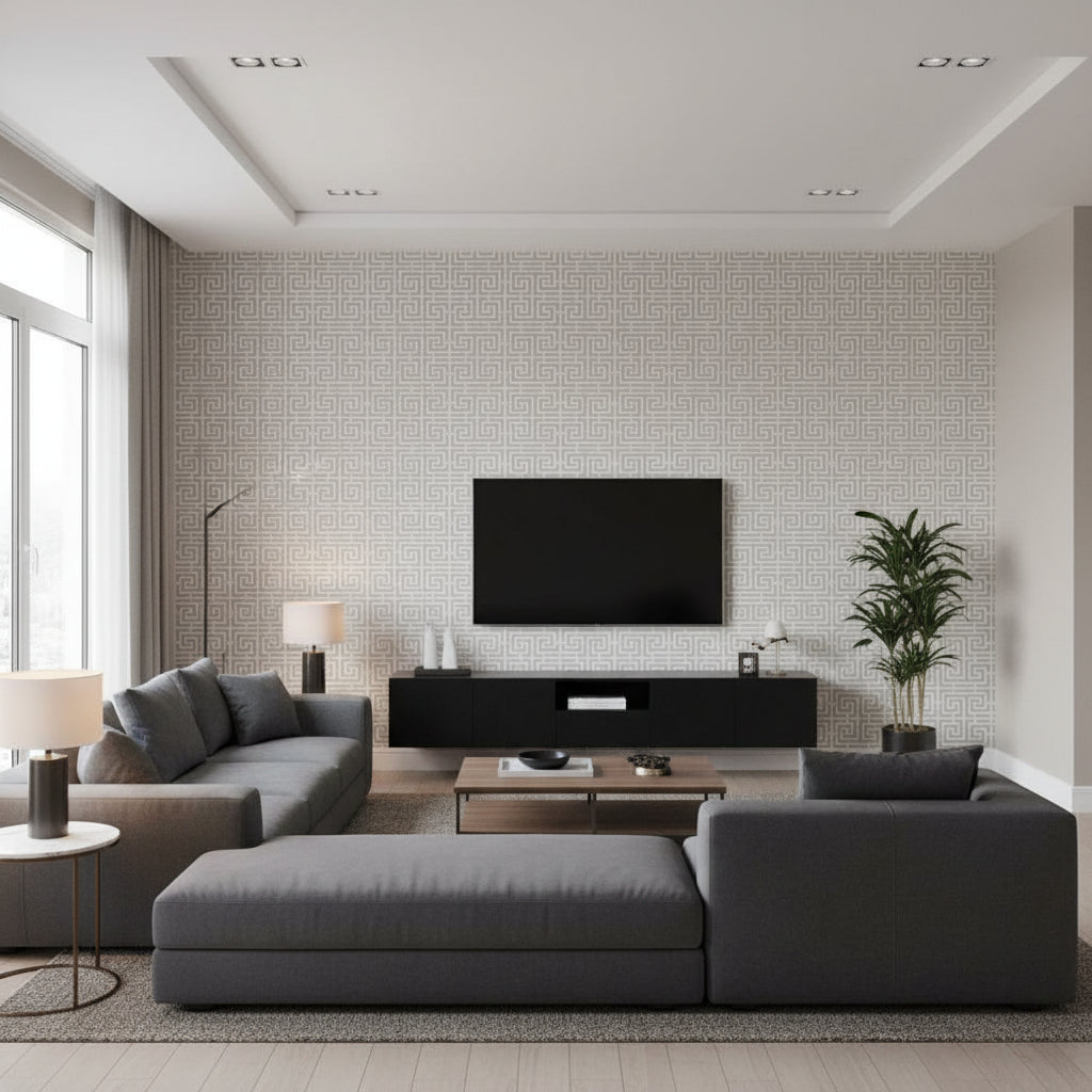 Chinois Fret Mineral | Schumacher Wallcovering - Living Room Visualization (AI-generated, may not be to scale. Verify pattern scale with product specifications.)