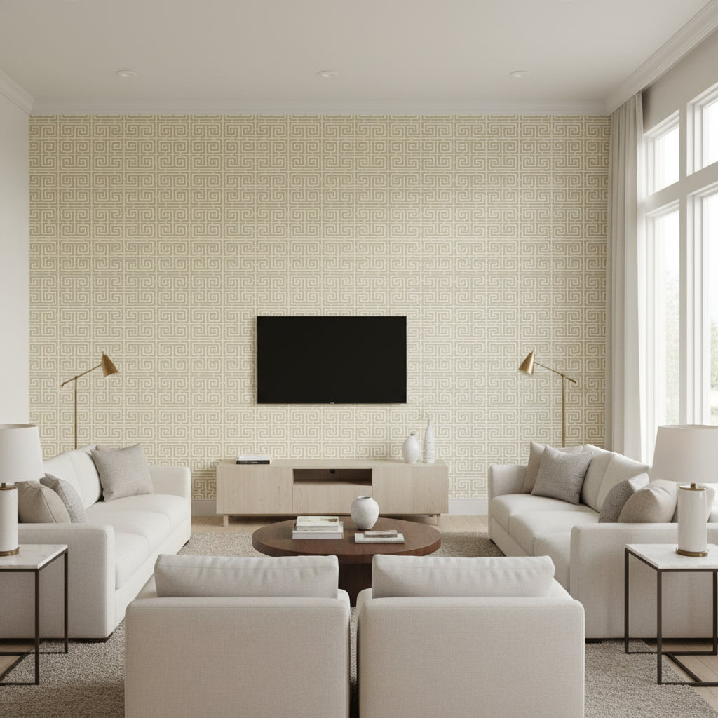 Chinois Fret Pewter | Schumacher Wallcovering - Living Room Visualization (AI-generated, may not be to scale. Verify pattern scale with product specifications.)